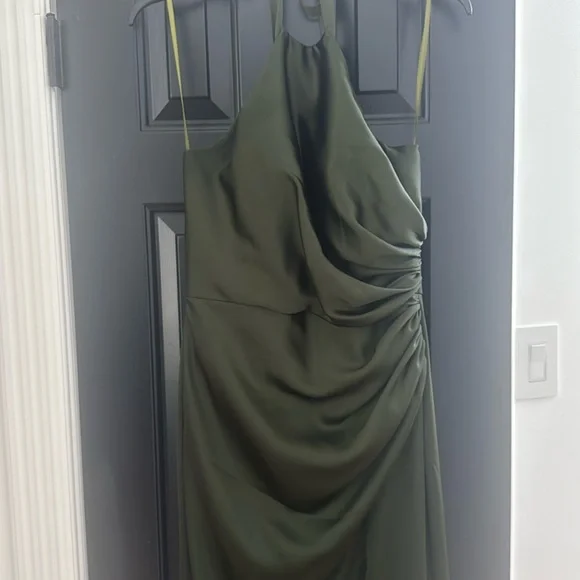 Revelry Fallon Satin Dress in Deep Olive - Picture 3 of 6